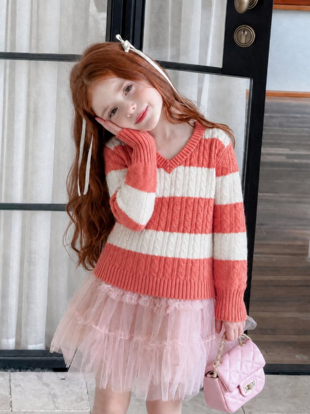Kids Cable Knit Sweater Orange White Size 8Y Children’s